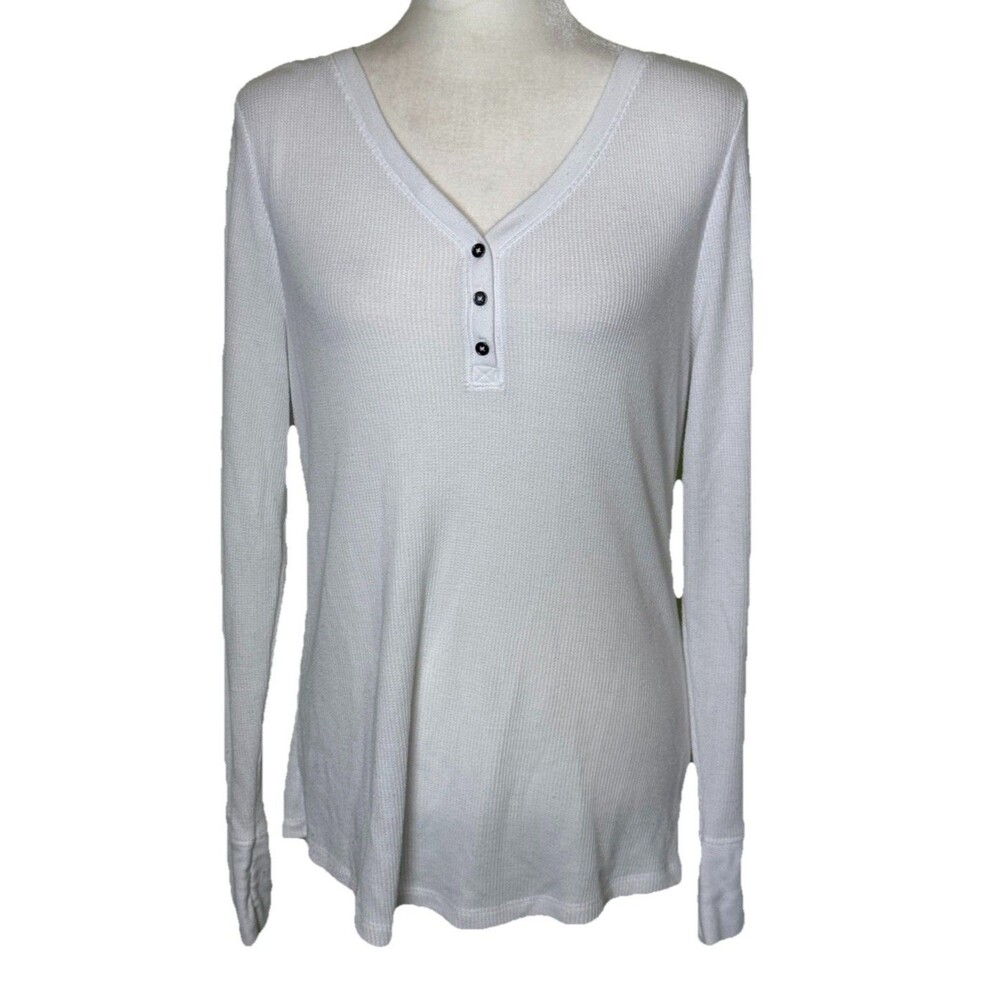 Women's White Ribbed Henley Top Long Sleeve Casual Basics Capsule Wardrobe‎ XL